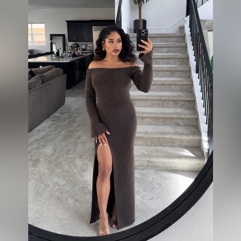 House of CB LUCENA Espresso Knit Off Shoulder Dress